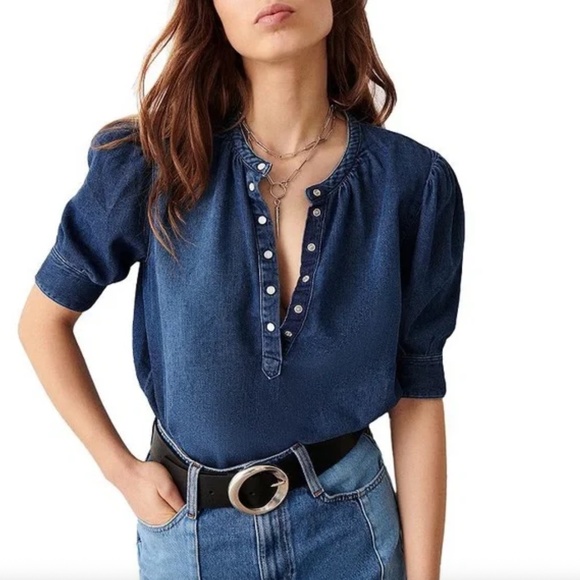 ba&sh Drake Denim Shirt Chambray Pearl Snap Buttons Top Puff Sleeve - Picture 1 of 6